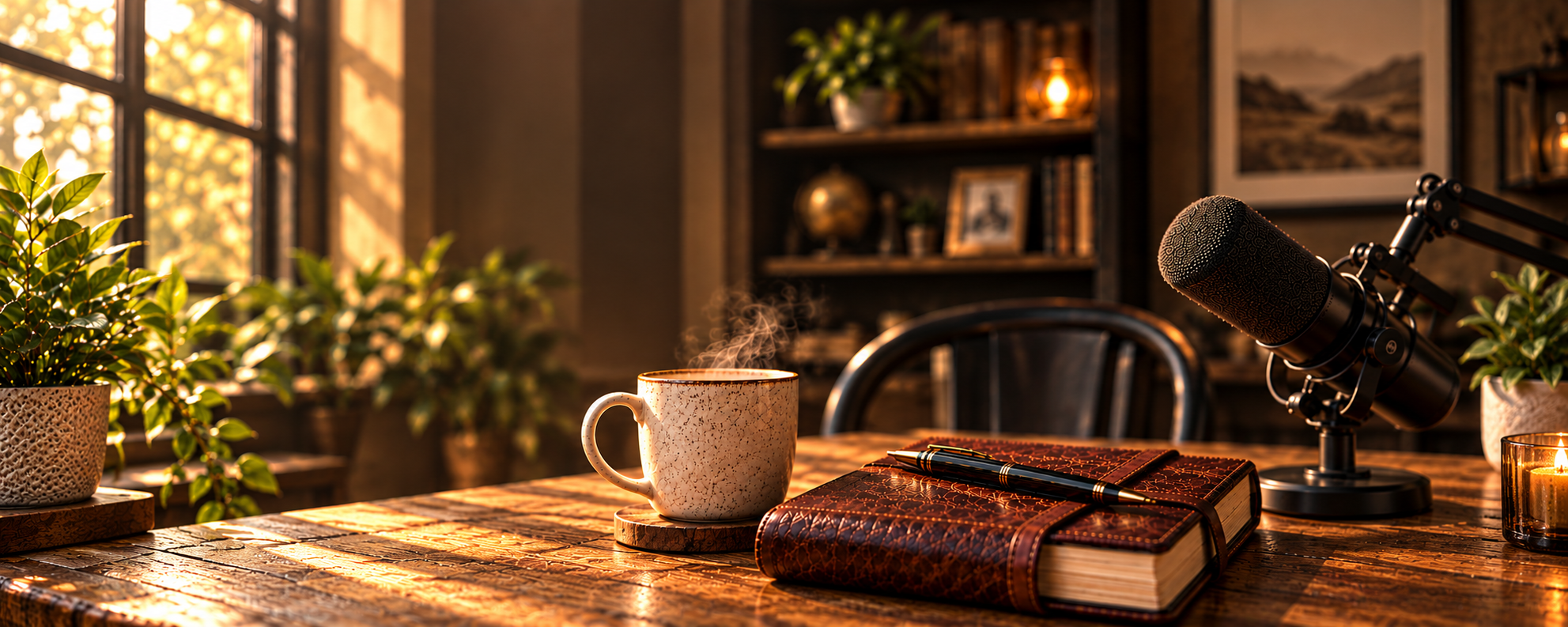 A warmly lit café table with coffee, a leather journal, a pen, and a podcast microphone.